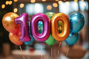 Colorful balloons form the number 100, celebrating a centennial anniversary in a festive atmosphere