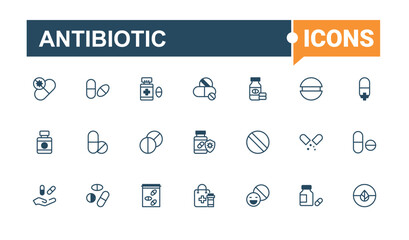 Antibiotic line icons set. Contains such icons as recipe, virus, bottle, pain, syringe, pharmaceutical, doctor and more. Outline icon. Solid line editable stroke.