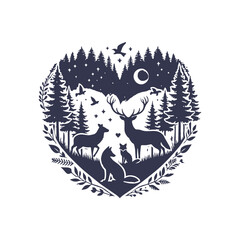 Forest Animals in a Heart: Symbolic Ecosystem Silhouette – Earth Day-themed Vector Illustration