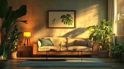 Inviting Living Room Featuring Cozy Couch Surrounded by Lush Indoor Plant Accents Creating a Warm and Welcoming Atmosphere Perfect for Relaxation and Entertaining Guests with Comfort