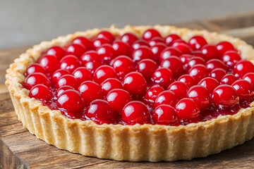 Cherry pie on wooden surface with rich filling