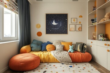Modern, colorful kids room with space theme, featuring an orange sofa and matching pouf, with moon and stars decorations