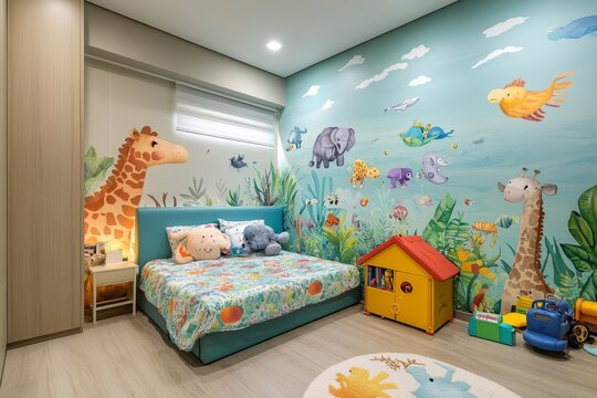 Vibrant and imaginative children's bedroom with jungle and safari themed wallpaper, creating a fun and stimulating environment