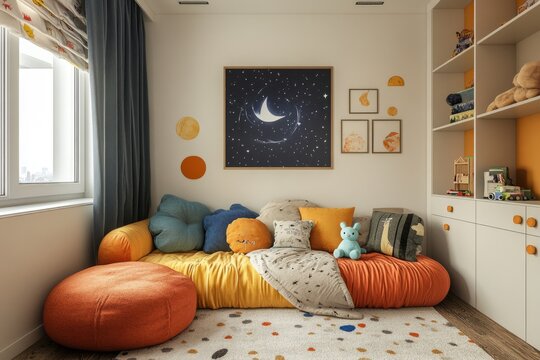 Modern, colorful kids room with space theme, featuring an orange sofa and matching pouf, with moon and stars decorations