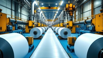 Fototapeta premium Industrial textile factory, robotic arms, automation, production line, large fabric rolls, high-tech machinery, blue floor, yellow robots, ceiling cranes, manufacturing plant, precision engineering, t