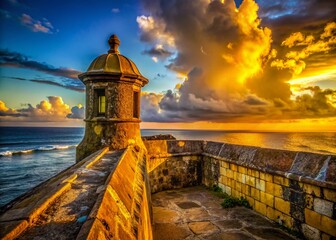 Panoramic View of San Cristobal Fort Wall & Sentry Box, San Juan, Puerto Rico