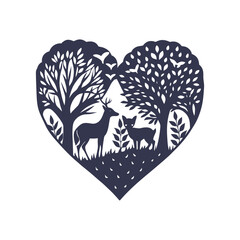 Forest Animals in a Heart: Symbolic Ecosystem Silhouette – Earth Day-themed Vector Illustration
