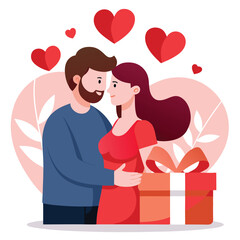 valentine couple lover heartfelt romance connection with gift box vector illustration