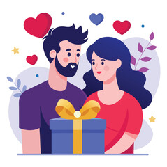 valentine couple lover heartfelt romance connection with gift box vector illustration