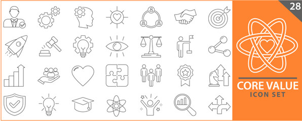 Set of icons core values. vector images with editable stroke. Includes passion, diversity, exceptional, innovative, accountability, will to win, empathy.