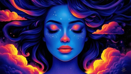 Fototapeta premium Fantasy portrait, ethereal blue-skinned woman, closed eyes, flowing dark hair, cosmic background, vibrant orange and purple clouds, starry night sky, dreamy atmosphere, digital painting, surreal art, 