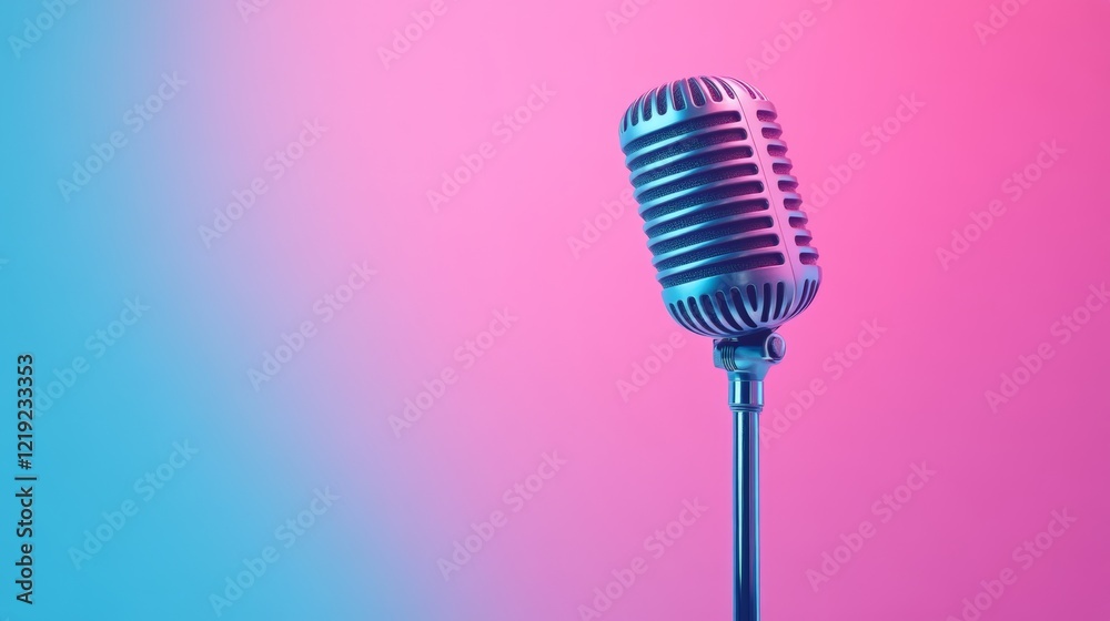Poster classic microphone stands ready to capture sound in a vibrant setting, representing singing, podcast