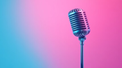 Classic microphone stands ready to capture sound in a vibrant setting, representing singing, podcasting, broadcasting, and the world of audio recording with a touch of retro charm