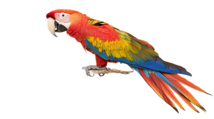 Fototapeta premium Colorful Scarlet Macaw Perched on Branch with Vivid Red, Yellow, and Blue Feathers Against Neutral Background for Wildlife and Nature Photography