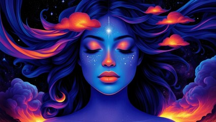 Fantasy portrait, ethereal blue-skinned woman, closed eyes, flowing dark hair, cosmic background, vibrant orange and purple clouds, starry night sky, dreamy atmosphere, digital painting, surreal art, 