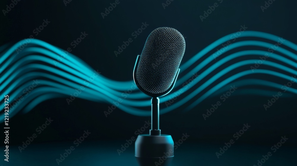 Poster professional microphone capturing audio with visualized sound waves flowing in background, represent