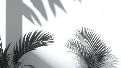 Obraz premium Minimalist palm plant shadow, white wall, monochromatic, high contrast, zen aesthetic, interior decor, tropical leaf silhouette, clean lines, geometric shapes, soft light, tranquil atmosphere, black a