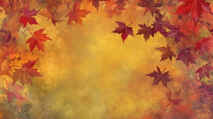 Fototapeta premium Fantasy autumn wallpaper with glowing maple leaves swirling on a gradient of red, orange, and yellow hues.