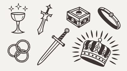 Fototapeta premium Flat Icons of Ancient Mythical Artifacts Including Goblets, Rings, and Relics