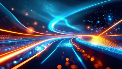 Obraz premium abstract cosmic highway, light trails, energy beams, neon blue and orange, space background, stars, dynamic motion, futuristic, digital art, vibrant colors, speed lines, glowing particles, sci-fi aest