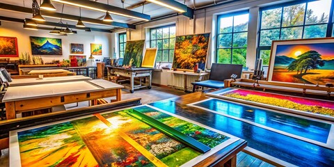 Obraz premium Panoramic View of Vibrant Silkscreen Prints in an Art Studio