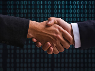 Business handshake on digital background with silhouettes, symbolizing collaboration and technology