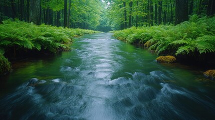 Fototapeta premium Serene Forest Stream: A Tranquil River Flowing Through Lush Green Foliage