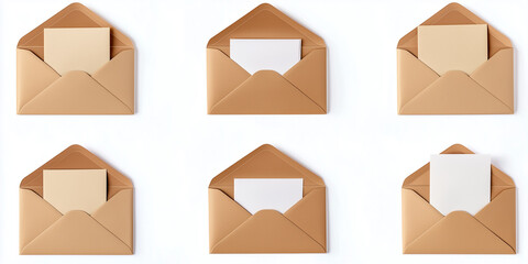 Set of brown envelopes (sealed, empty and with a blank paper inside), isolated on white background 