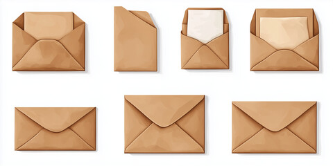 Set of brown envelopes (sealed, empty and with a blank paper inside), isolated on white background 