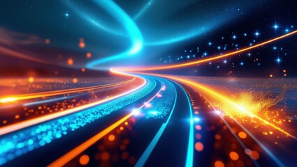 Obraz premium Abstract cosmic tunnel, vibrant neon light trails, blue and orange streaks, starry space background, dynamic motion blur, futuristic energy corridor, glowing particles, hyperspace wormhole, digital ar