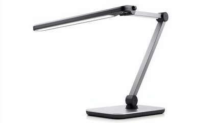 A modern desktop lamp with adjustable arms, standing on a clean desk, on a white isolated background