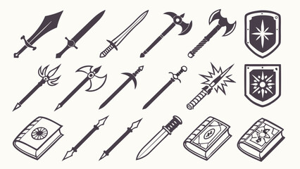 Set of flat silhouette icons featuring mythical weapons including flaming swords, magical staffs, and shields.