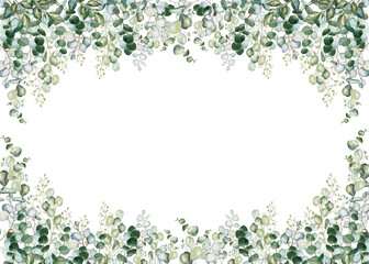 Rectangular frame made of eucalyptus leaves. Botanical and elegant border. Perfect for wedding invitations, anniversary cards, business announcements, greeting cards, and romantic postcards.