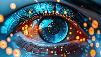 Extreme close-up of a human eye, vibrant blue iris, glowing orange and yellow digital patterns, futuristic cybernetic enhancements, reflective surface, high-tech interface, hyper-detailed, neon lights