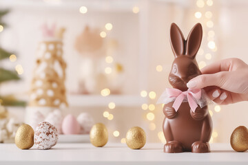 In a warm kitchen setting, a pair of hands carefully unwrap a chocolate Easter bunny, surrounded by pastel-colored eggs and soft twinkling lights, capturing the spirit of the season