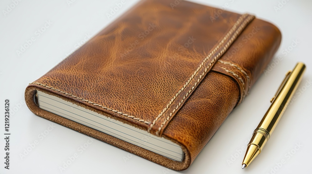 Wall mural A high-end leather notebook with a gold pen beside it, placed on a white desk, on a white isolated background