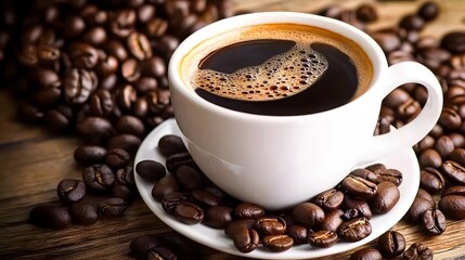 Obraz premium Rich Aromatic Coffee Cup Beans Close Up
