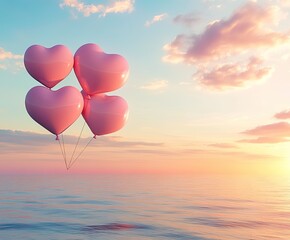 Fototapeta premium Dreamy Heart Shaped Balloons Floating Above a Scenic Landscape