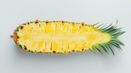 A large fresh pineapple sliced in half, with the inner fruit exposed, on a white isolated background