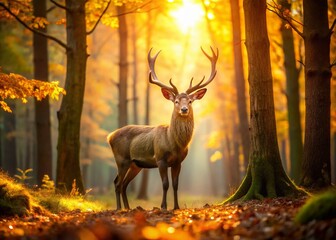 Panoramic Wildlife Photo: Majestic Deer in Autumnal Forest