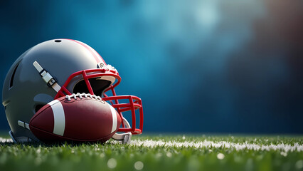On Super Bowl Sunday, a football helmet and ball lie on the field with a striking blue background, generative ai