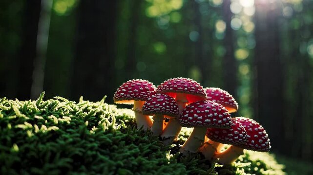 Cluster of red amanita mushrooms in a forest, natural woodland scene. Nature and biodiversity concept