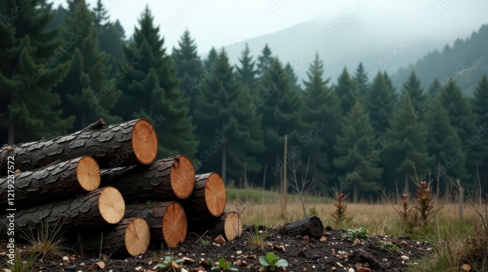 Poster a stack of freshly cut logs rests in a clearing, nestled amongst a dense evergreen forest under a mi