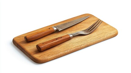 A wooden carving knife and fork set placed on a kitchen cutting board, on a white isolated background