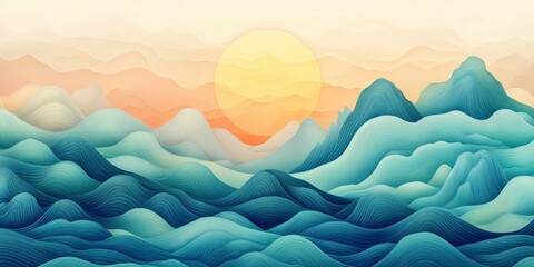 Abstract Ocean Waves Landscape with Sunrise and Soft Gradient Colors