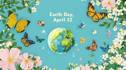 The Earth Day, April 22 graphic illustration poster features a vibrant design with a globe surrounded by greenery and eco-friendly symbols, celebrating the planet on this special day.