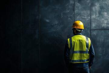 Fototapeta premium Construction worker in yellow hard hat on dark background with space for text