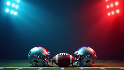 Super Bowl Sunday is symbolized by a football helmet and ball on the field, with a bold blue background enhancing the scene, generative ai