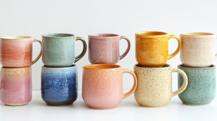 A collection of vibrant ceramic mugs in different colors, arranged on a white table