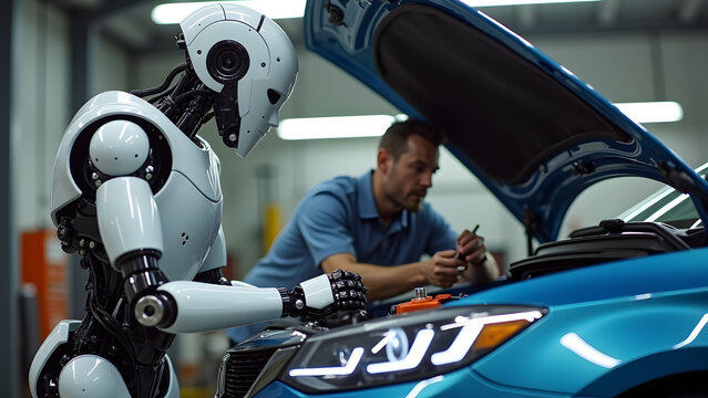 A humanoid robot assists a man repairing a blue car in a garage, holding a tool while the man, a Caucasian in his 30s, works under the hood